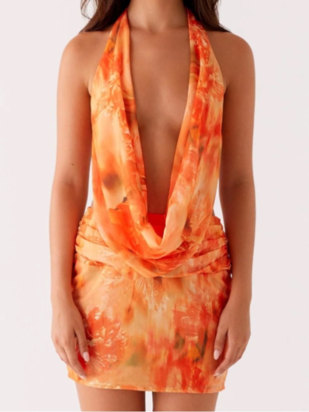 Peppermayo Orange Watercolor Halter Cowl Mini Dress